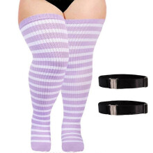 (light purple white, Without elastic buck) Striped Knitted Socks Women Large Size Halloween Thigh High Over Knee Stocking