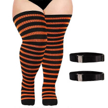 (black orange, With elastic buckle) Striped Knitted Socks Women Large Size Halloween Thigh High Over Knee Stocking
