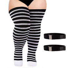 (black and white, With elastic buckle) Striped Knitted Socks Women Large Size Halloween Thigh High Over Knee Stocking