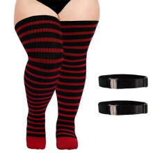 (redblack, Without elastic buck) Striped Knitted Socks Women Large Size Halloween Thigh High Over Knee Stocking