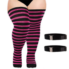(black light rose red, Without elastic buck) Striped Knitted Socks Women Large Size Halloween Thigh High Over Knee Stocking