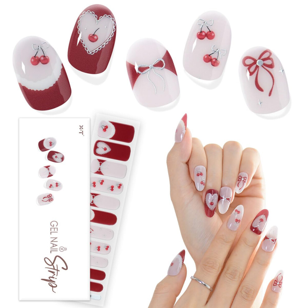 Red Wine Semi Cu Gel Nail Strips Cherry Bowknot Uv Wraps French Tips Long Lasting Glossy Finish
