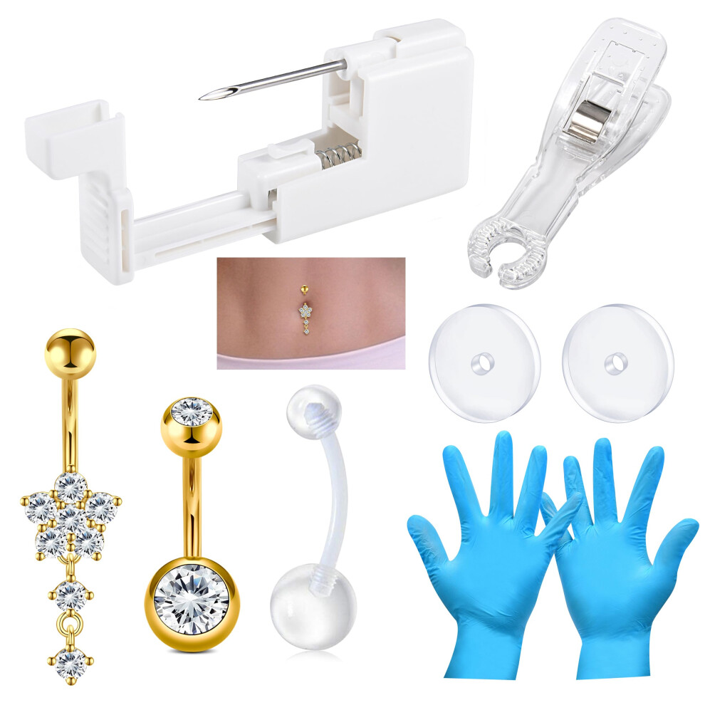 Gold Belly Button Piercing Kit With Jewelry, Navel Piercing Gun And Hypoallergenic Steel Rings