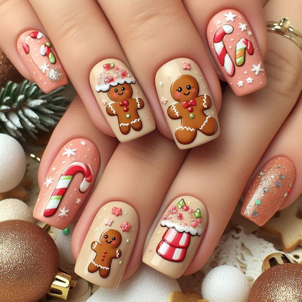 Christmas Coffin Shape Press On Nails Set with Gingerbread and Snowflake Design, Holiday False Nails