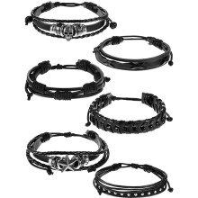 6Pcs Adjustable Punk Leather Bracelet Set For Men Women, Braided Vintage Wrap Cuff With Skull Design, Gothic Rock Accessory