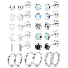 Conjunto de 13 pares de brincos hipoalergênicos com base plana, em aço prateado, para homens e mulheres. Inclui brincos de argola pequenos com