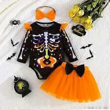 (12-18 Months,Orange)Newborn Baby Girls Halloween Skull Costume Romper Skirt Dress Clothes Outfit Set