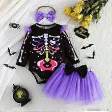 (0-3 Months,Purple)Newborn Baby Girls Halloween Skull Costume Romper Skirt Dress Clothes Outfit Set