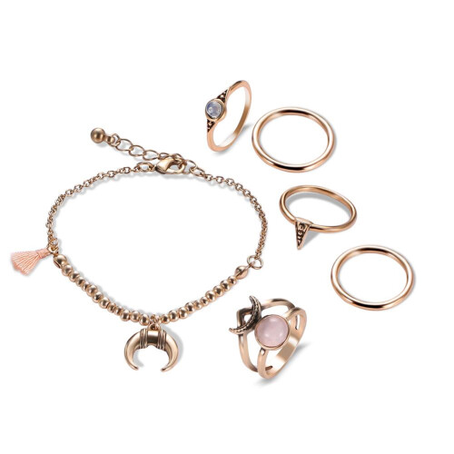 Conjunto de anéis de dedo com strass e cristais para mulheres, estilo boêmio, com pingente de lua e detalhe marcante.