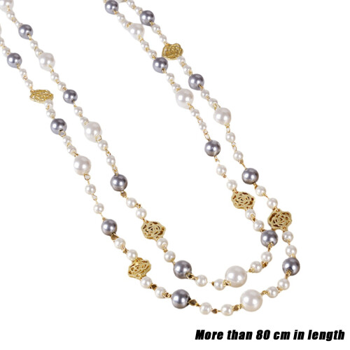 Colar de pérolas elegante para mulheres, colar de pérolas extra longo com design de camélia vazada, corrente de suéter com várias camadas de 1