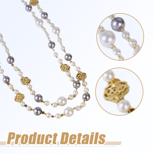 Colar de pérolas elegante para mulheres, colar de pérolas extra longo com design de camélia vazada, corrente de suéter com várias camadas de 2