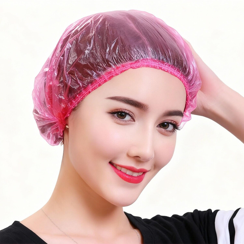 200 Pack Disposable Shower Caps Waterproof Pink Elastic Plastic Caps for Hair Protection Travel Spa
