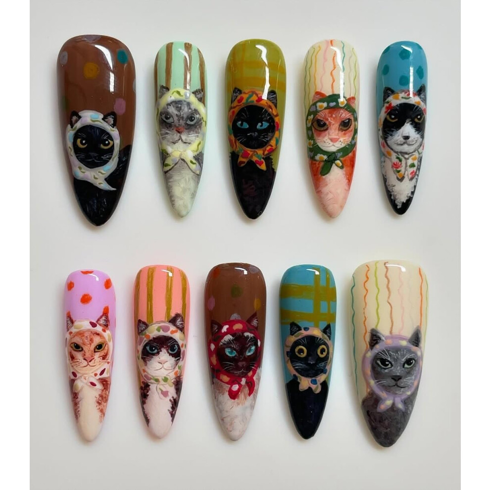 Cat Press On Nails with HandPainted Cat Portraits, Reusable SalonQuality Artistic Manicure
