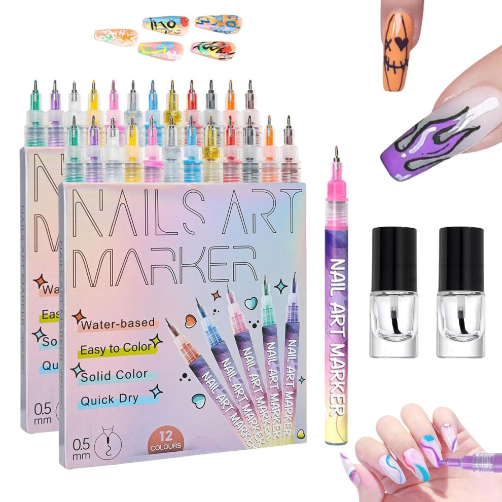 Nail Art Pens Set 12 Colors Fine Tip QuickDry Nail Polish Pens for Drawing and DIY Designs