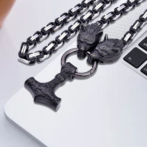 Κολιέ Viking Thor's Hammer για άνδρες, μενταγιόν Thor's Hammer με κεφαλή λύκου, βυζαντινή 2
