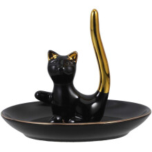 Bandeja de cerámica para guardar joyas, organizador de llaves y baratijas con una linda estatua de gato.