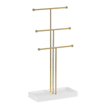 Expositor de joyas tipo T dorado de 3 capas, caja de almacenamiento para anillos, aretes, collares y anillos.