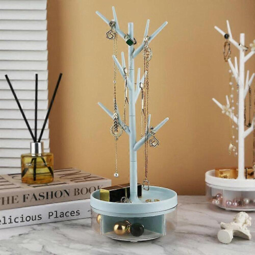 （Blue)Jewelry Rack With Rotatable Base Storage Box Tree Tower Rack Hanging 1