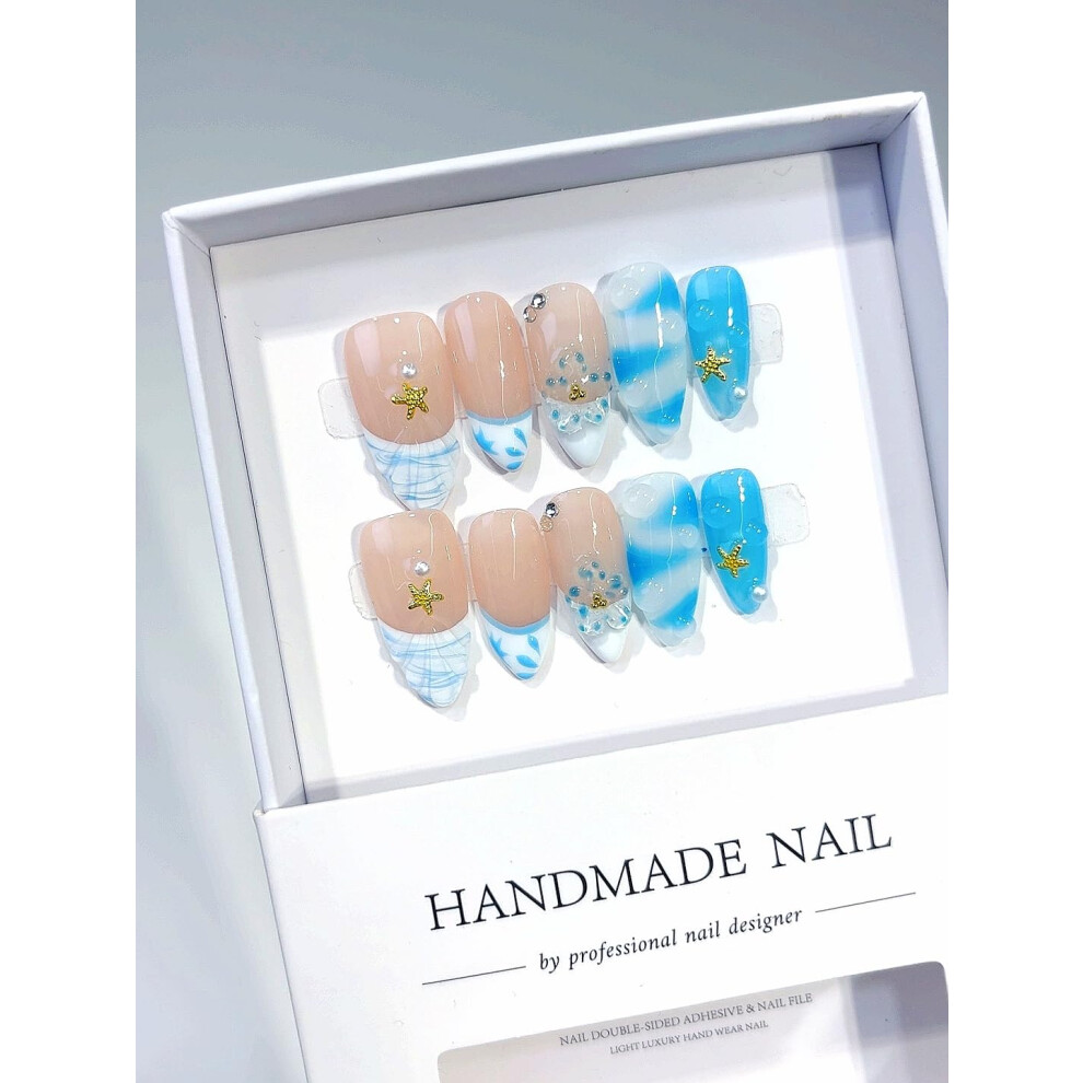 Blue,White Ocean Theme Press On Nails Almond Shape Blue Ombre False Nails With Starfish And Pearl Accents
