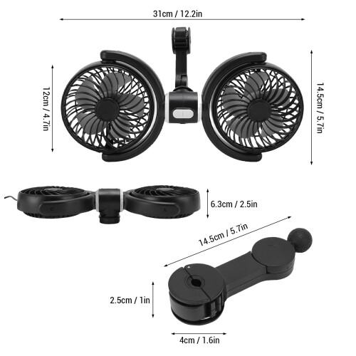 Dual 360 Rotatable Car Fan 3-Speed USB Powered for Headrest 1