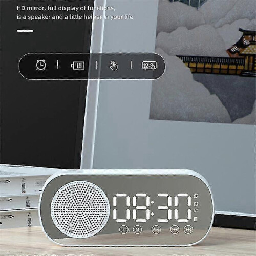 (White) Intelligence LED Wireless Bluetooth-compatible Speaker Mirror Surface Clock Double Alarm Support TF 2
