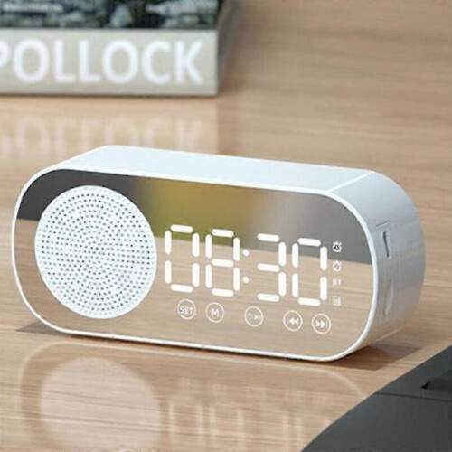 (White) Intelligence LED Wireless Bluetooth-compatible Speaker Mirror Surface Clock Double Alarm Support TF 1