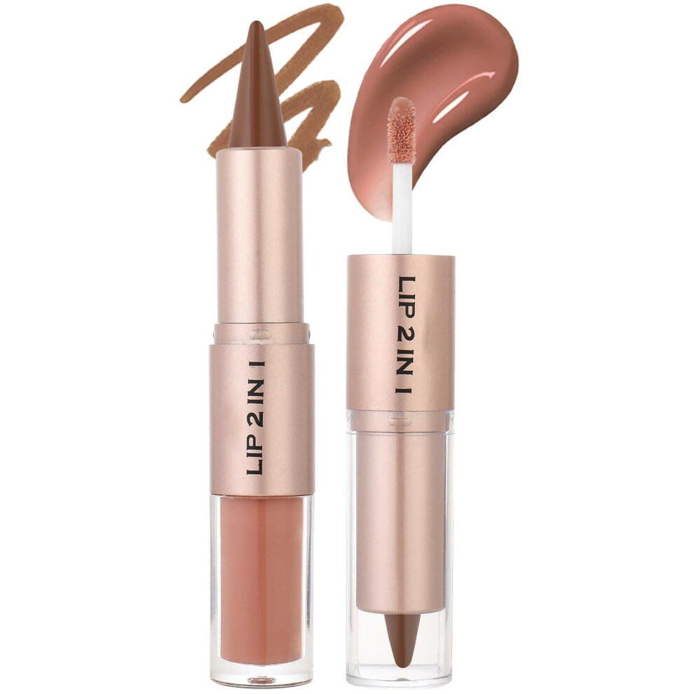 2 in 1 Lip Liner and Gloss Set, Dual Ended Nude Lipstick, Long Lasting Velvet Matte Brown Combo