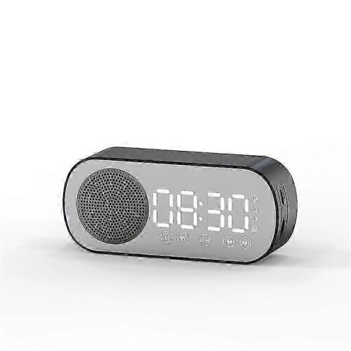 (Black) Intelligence LED Wireless Bluetooth-compatible Speaker Mirror Surface Clock Double Alarm Support TF