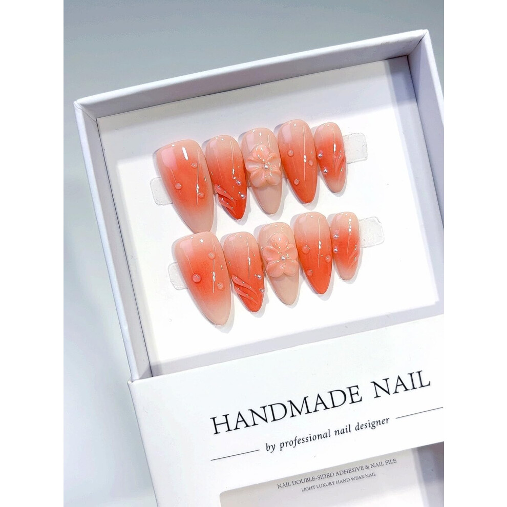 White Coral Ombre Almond Press On Nails With 3D Floral And Pearl Accents, Reusable 10Pc Set