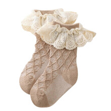 (M, Light Brown) 1 Pair Toddler Baby Girls Ruffle Lace Trim Socks Cotton Frilly Dress Sock Kid Princess Socks 5-colorf for 0-5 Years  White S