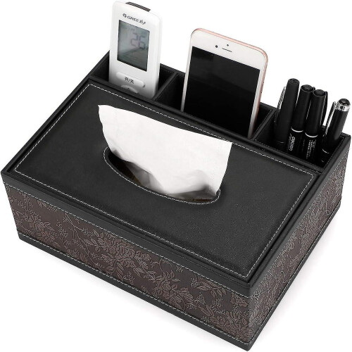 Tissue Box PU Leather Rectangular Tissue Dispenser with 3 Compartments Desk Organizer for Remote Con 2