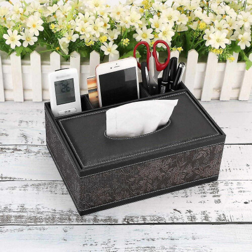 Tissue Box PU Leather Rectangular Tissue Dispenser with 3 Compartments Desk Organizer for Remote Con 1