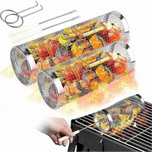 2 pieces Stainless steel rolling grill basket with fork and handle for outdoor cooking and BBQ