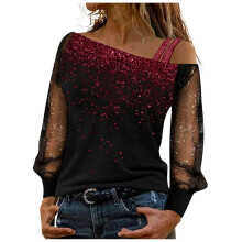 Festliche Oberteile Damen Glitzer Langarm Pailletten Shirt Elegant Sexy B-Wein XL Mesh Pullover Winter Bluse