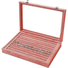 Caixa de veludo para anéis - Porta-joias com tampa de vidro transparente, ideal para exibir anéis, brincos, pingentes e abotoaduras. Cor: Rosa.