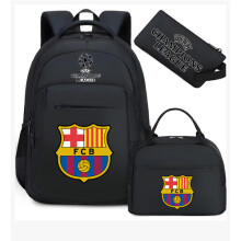 (Black Barcelona) Football star peripheral backpack student schoolbag three-piece lunch bag pencil bag children men's style
