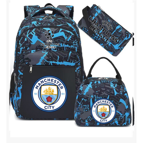(Blue Manchester City) Football star peripheral backpack student schoolbag three-piece lunch bag pencil bag children men's style