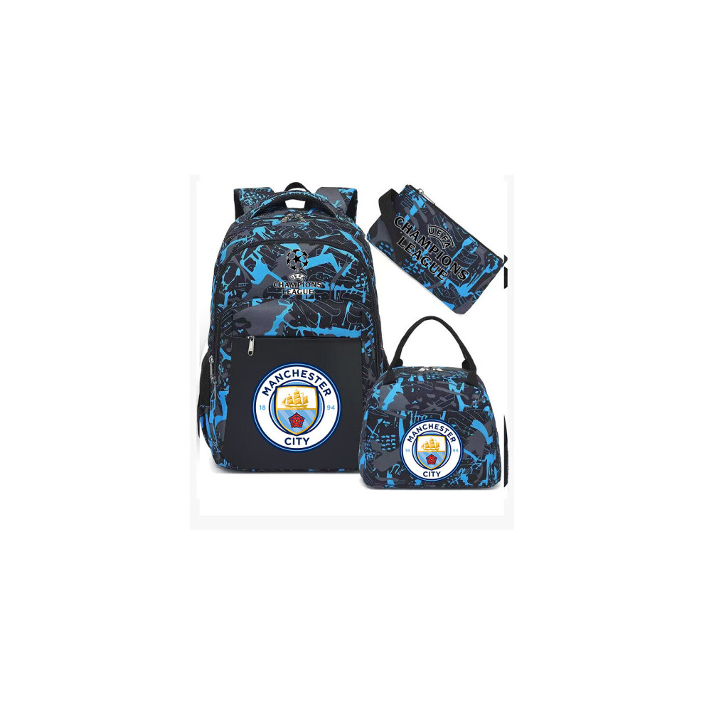 Eapoy (Blue Manchester City) Football Star Peripheral Backpack Student Schoolbag Three-Piece Lunch Bag Pencil Bag Children Men's Style