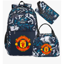 (Green Manchester United) Football star peripheral backpack student schoolbag three-piece lunch bag pencil bag children men's style