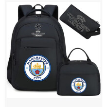 (Black Manchester City) Football star peripheral backpack student schoolbag three-piece lunch bag pencil bag children men's style
