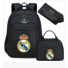 (Black Real Madrid) Football star peripheral backpack student schoolbag three-piece lunch bag pencil bag children men's style