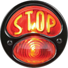Black 12V Duolamp Tail Light for Ford Model A with Amber 'stop' Script on Red Glass Lens