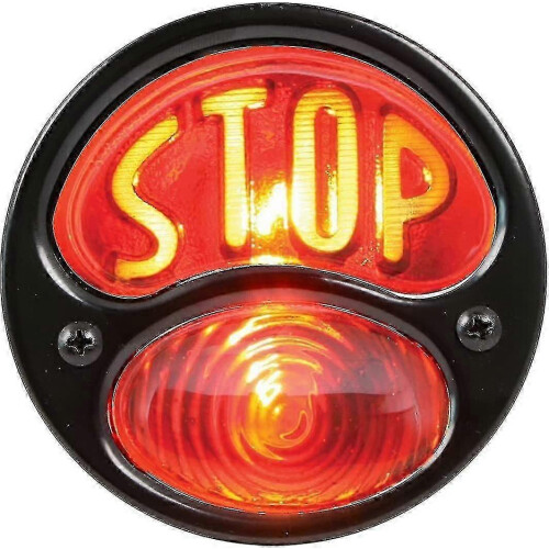 Black 12V Duolamp Tail Light for Ford Model A with Amber 'stop' Script on Red Glass Lens