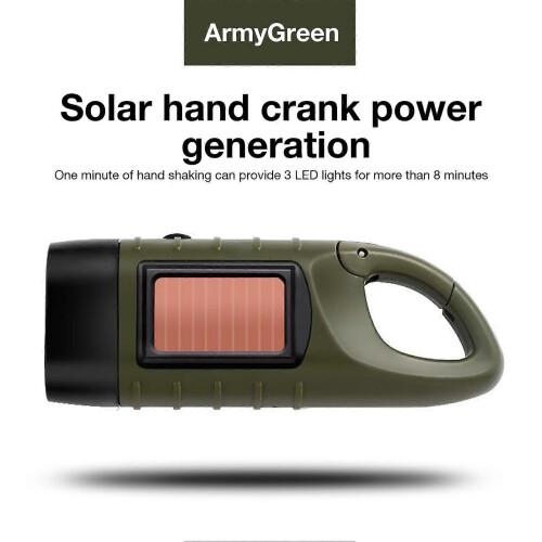 (army green) LED Torch Solar Power Hand Crank Flashlight Wind Up Super Bright Camping Light 1
