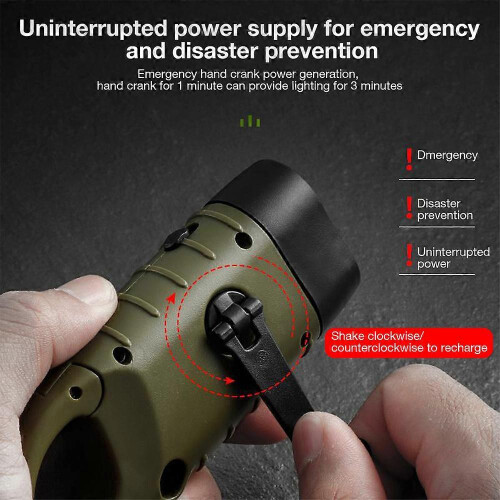(army green)Mini LED Torch Emergency Hand Crank Dynamo Solar Flashlight Outdoor Camping 2