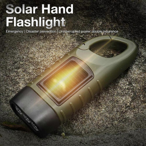 (army green)Mini LED Torch Emergency Hand Crank Dynamo Solar Flashlight Outdoor Camping 1