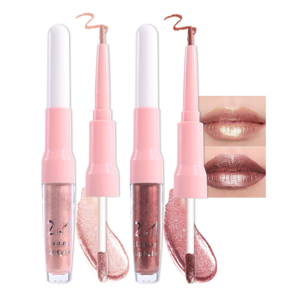 Metallic Liquid Lipstick Set with Lip Liner Combo, 2 in 1 Waterproof Long Lasting Beige Gold and Red