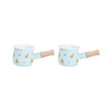 2 Set Enamel Milk Pan Butter Warmer with Wooden Handle 400ml for All Stovetops Blue 10x8.5cm