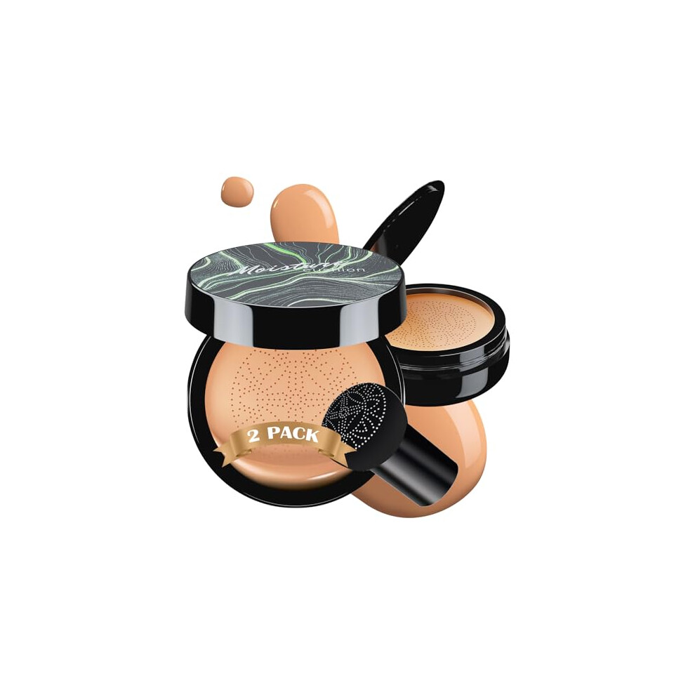 CC Cream Foundation and BB Cream Full Coverage Cushion Makeup for Mature Skin with Mushroom Sponge, 2PCS Medium