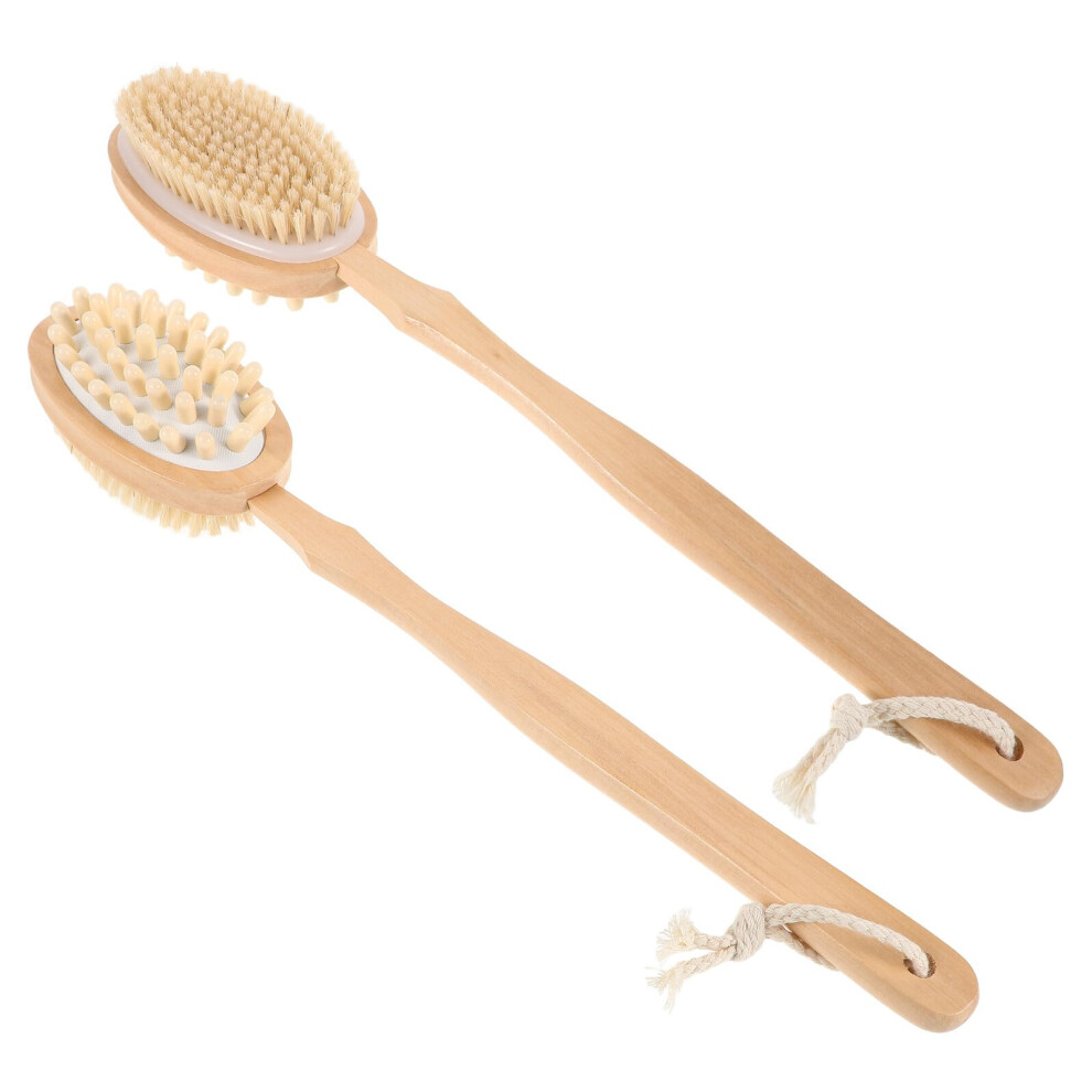 2PCS Double Sided Back Scrubber with Wooden Long Handle and Boar Bristles for Dry and Wet Use
